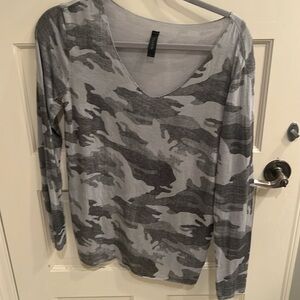 Grey camp sweater with metallic trim on v neck